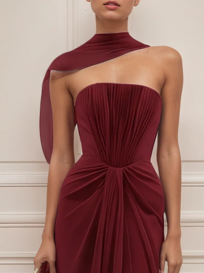 Burgundy Pleated Classic Strapless Sleeveless Sheath Gown Dress