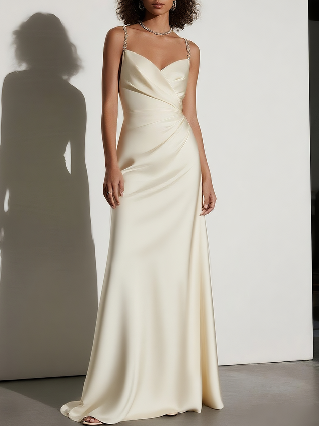 Beige Ruched Satin Spaghetti Gallus A-Line Gown Bridal/Wedding Dress