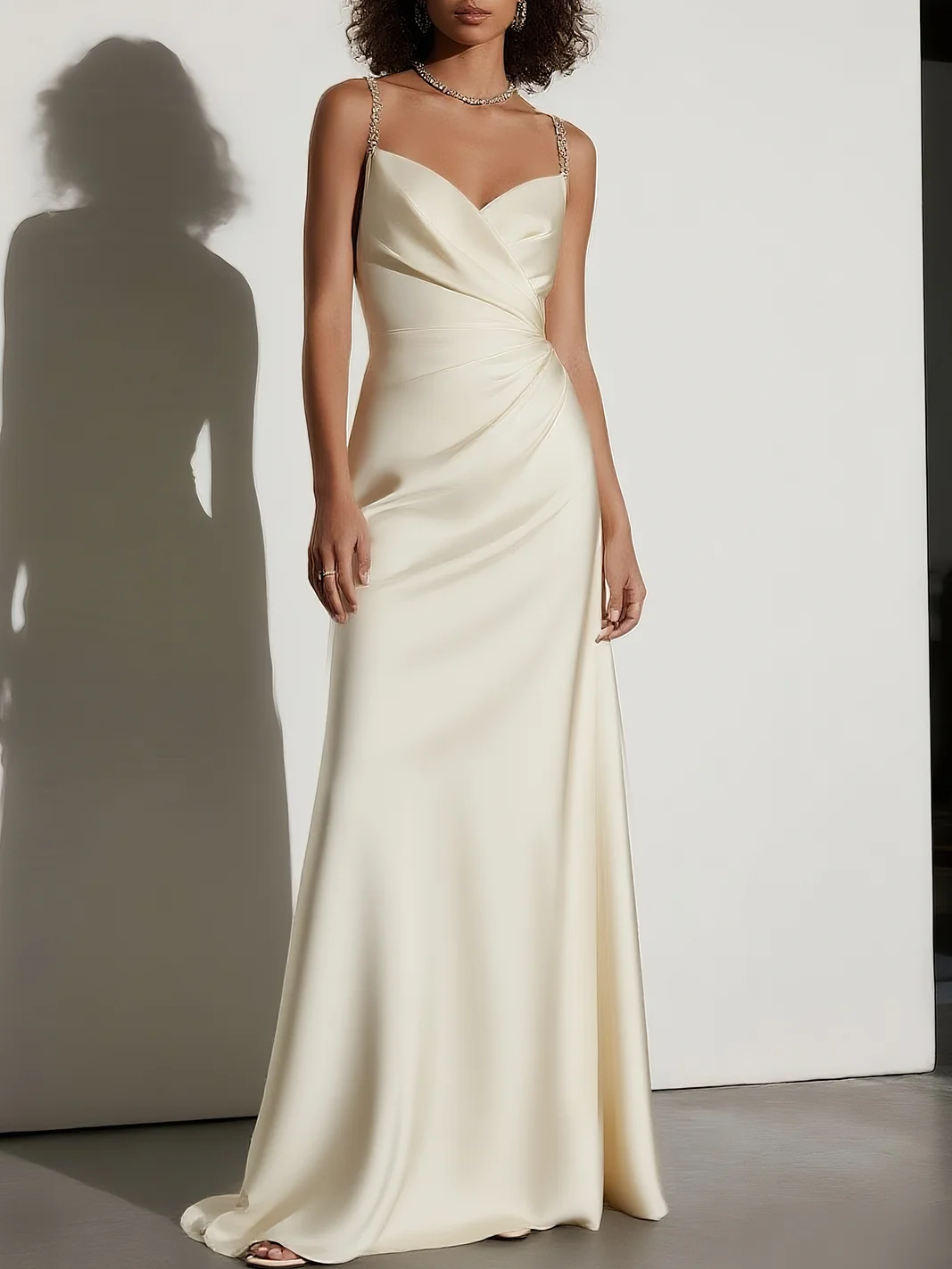 Beige Ruched Satin Spaghetti Gallus A-Line Gown Bridal/Wedding Dress