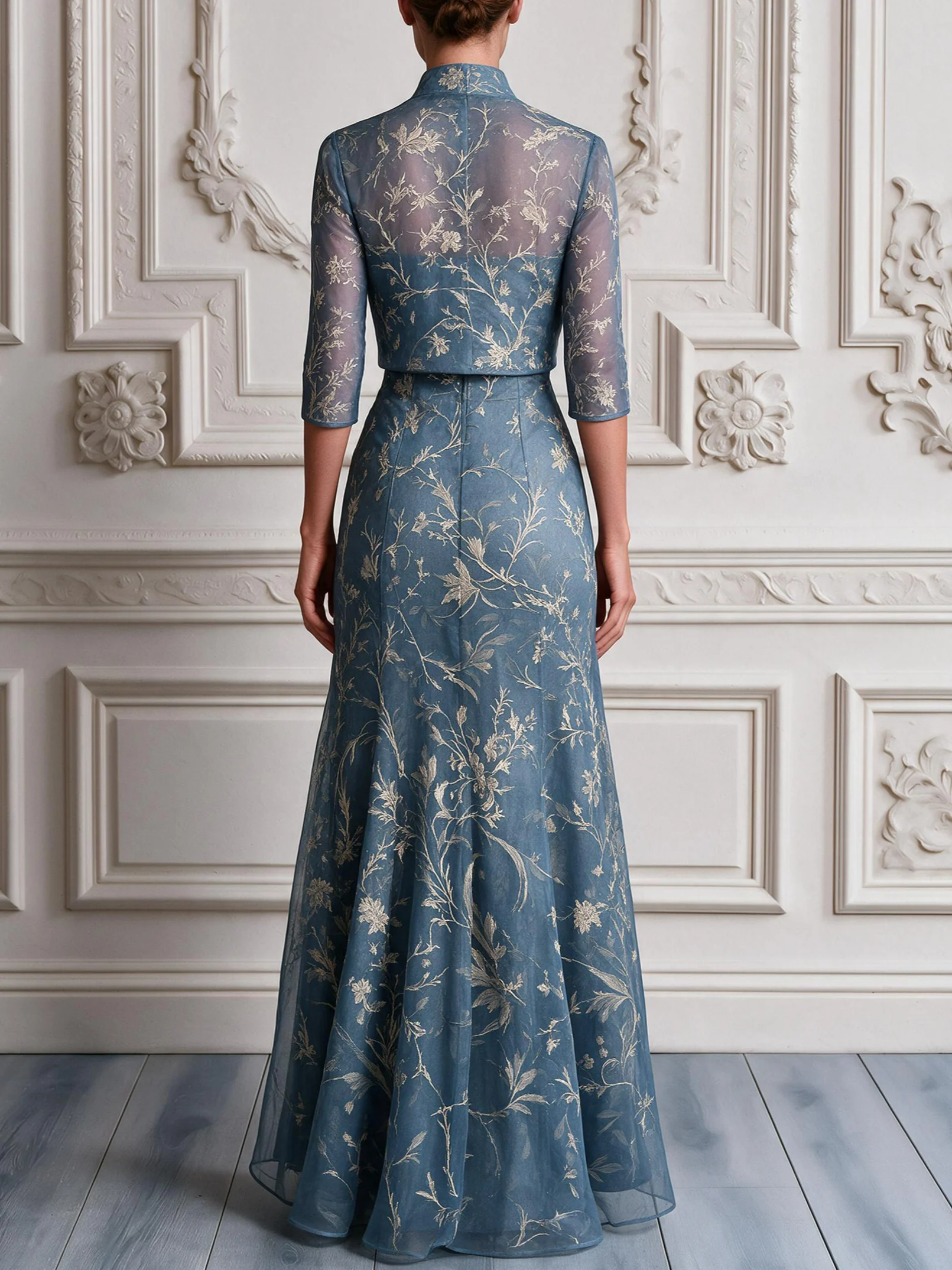 Women Blue Jacquard Mock Neck Long Sleeve Elegant Dress With Coat Two-Piece Set