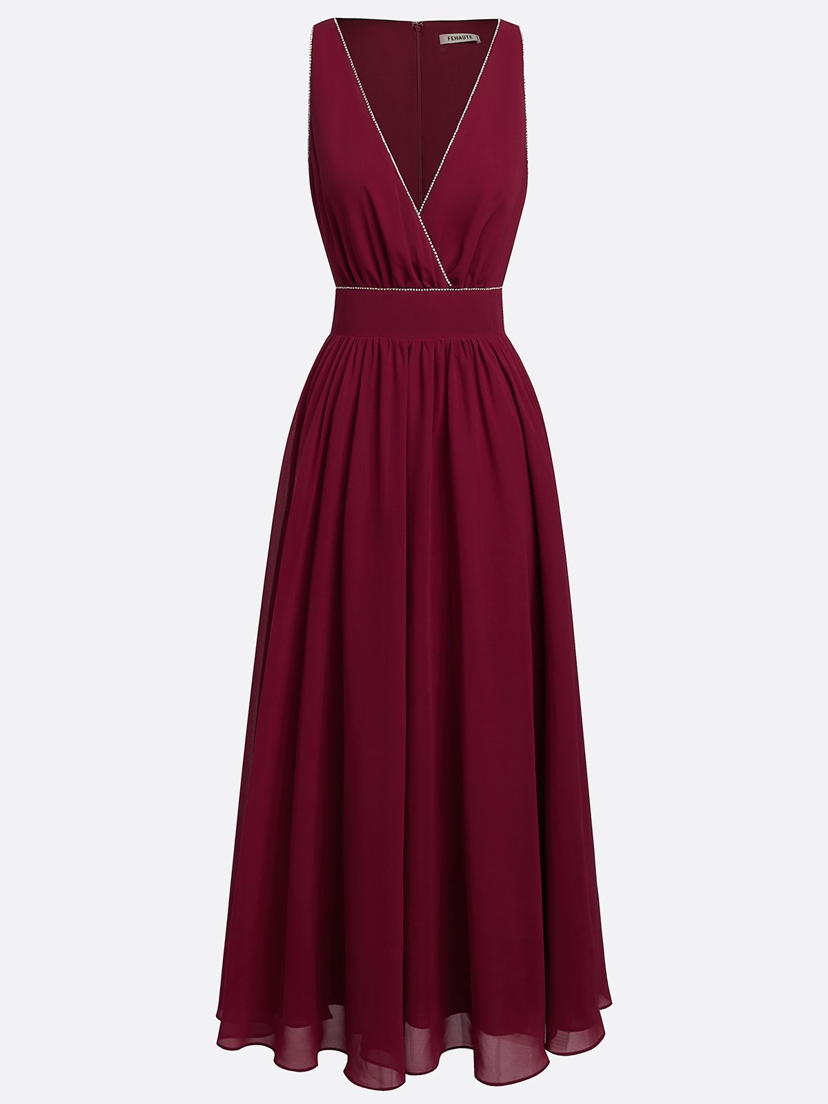 Wine Red Rhinestone Classic V Neck Sleeveless A-Line Maxi Dress