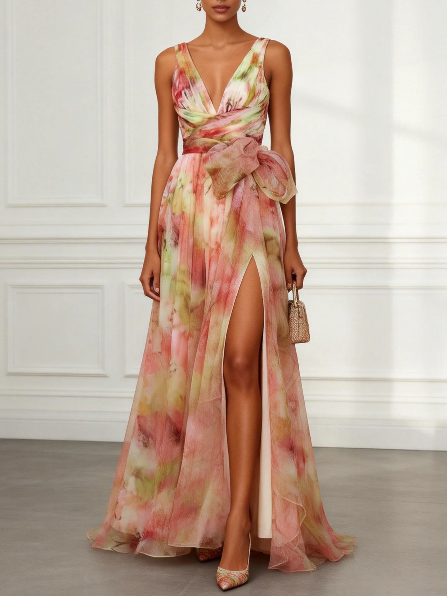 Pink Floral Bow Tulle V Neck Sleeveless A-Line Gown Dress