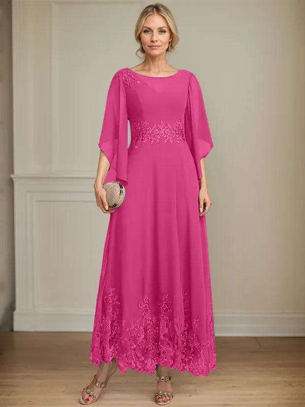 A-line Scoop Illusion Ankle-Length Lace Chiffon Mother of the Bride Dress With Sequins