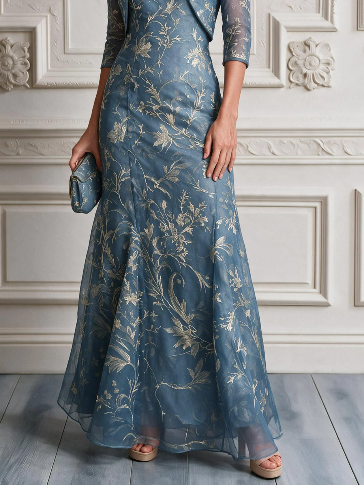 Women Blue Jacquard Mock Neck Long Sleeve Elegant Dress With Coat Two-Piece Set