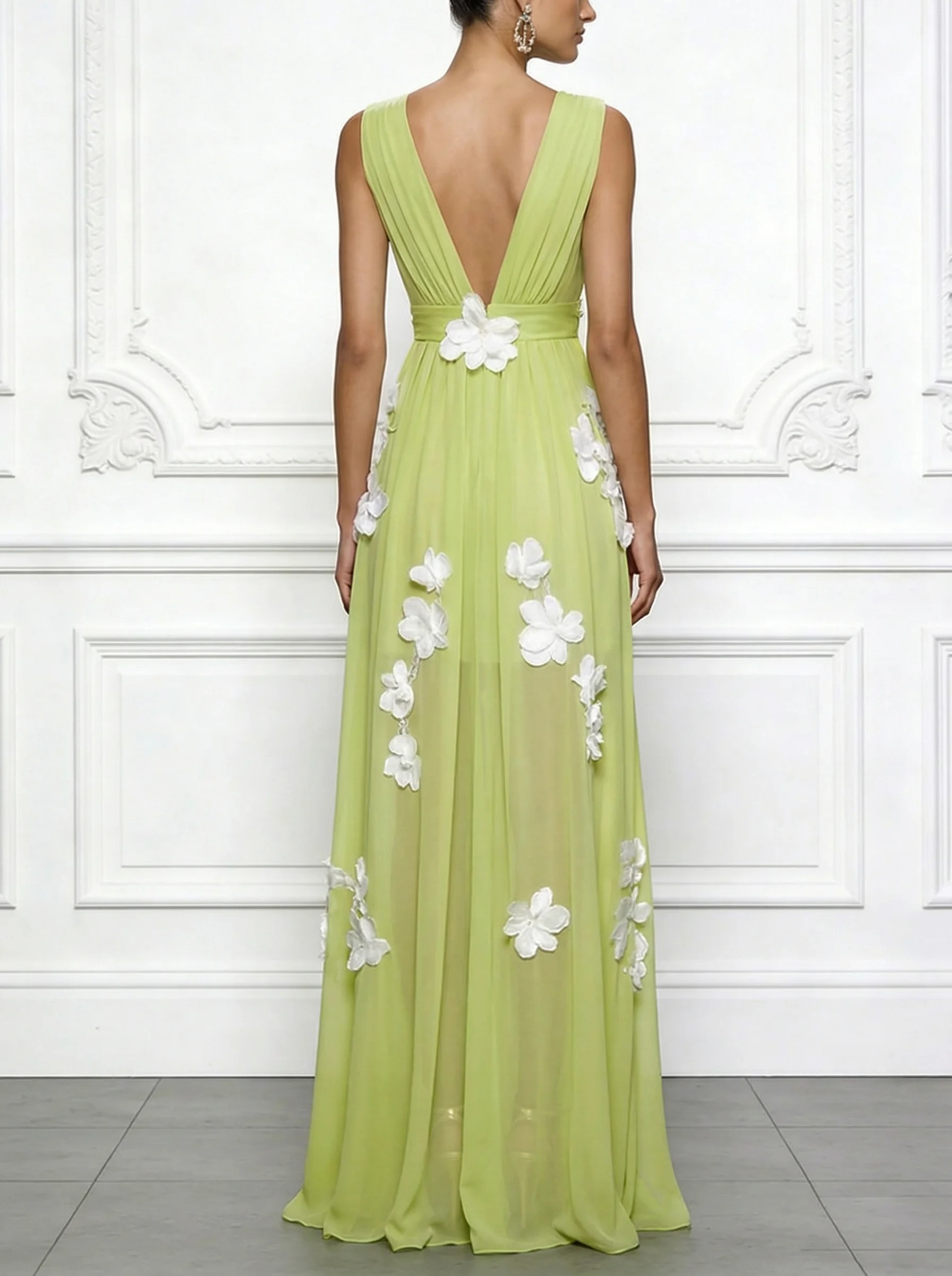 Light green Applique Chiffon V Neck Sleeveless A-Line Maxi Dress