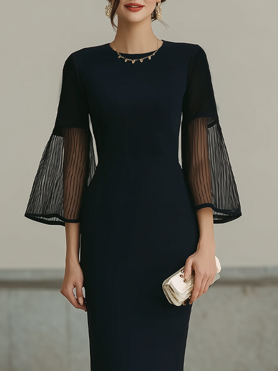 Black Midi Dress With Sheer Pleated Bell Sleeves
