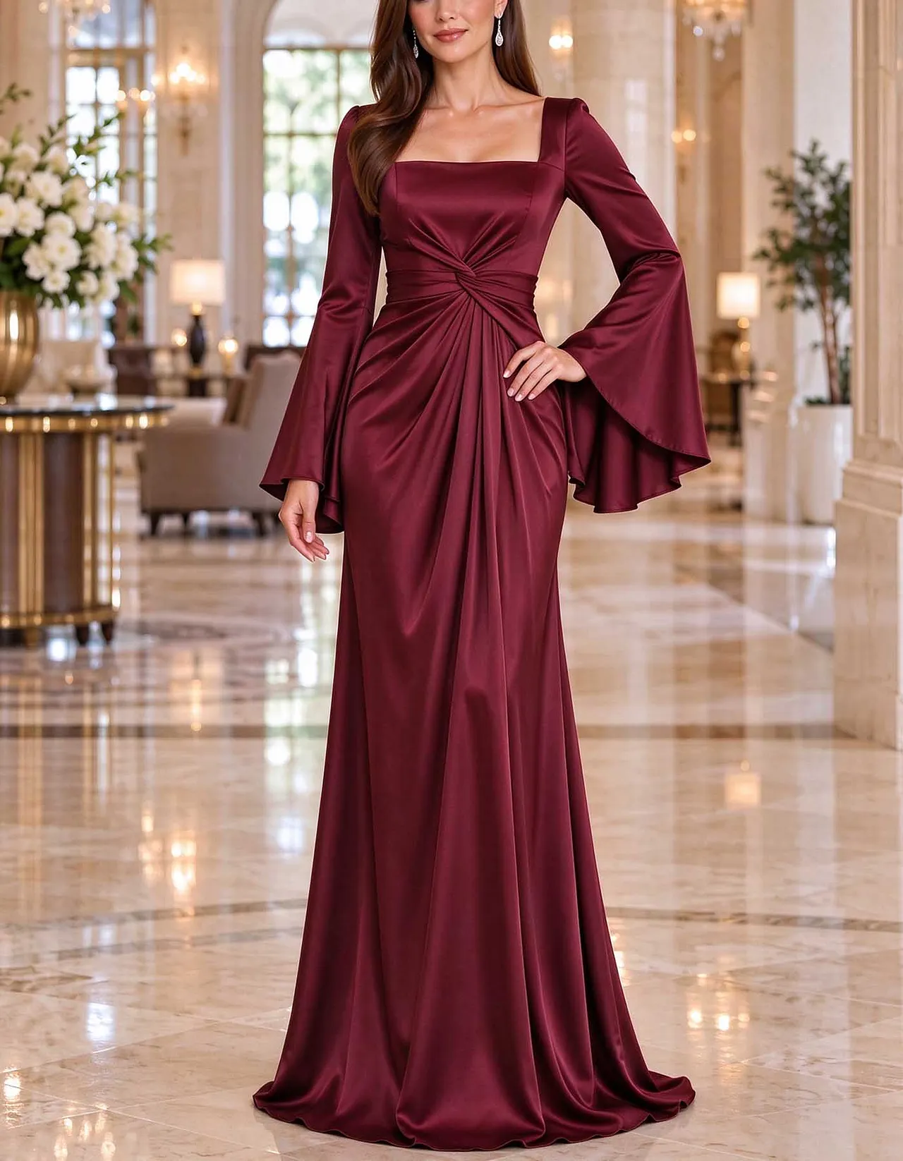 Square Neck Bell Sleeve Satin Mermaid Maxi Dress