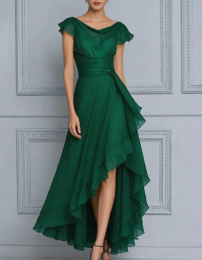 Deep Purple Cowl Neck Flutter Sleeve Chiffon High-Low Maxi Dress
