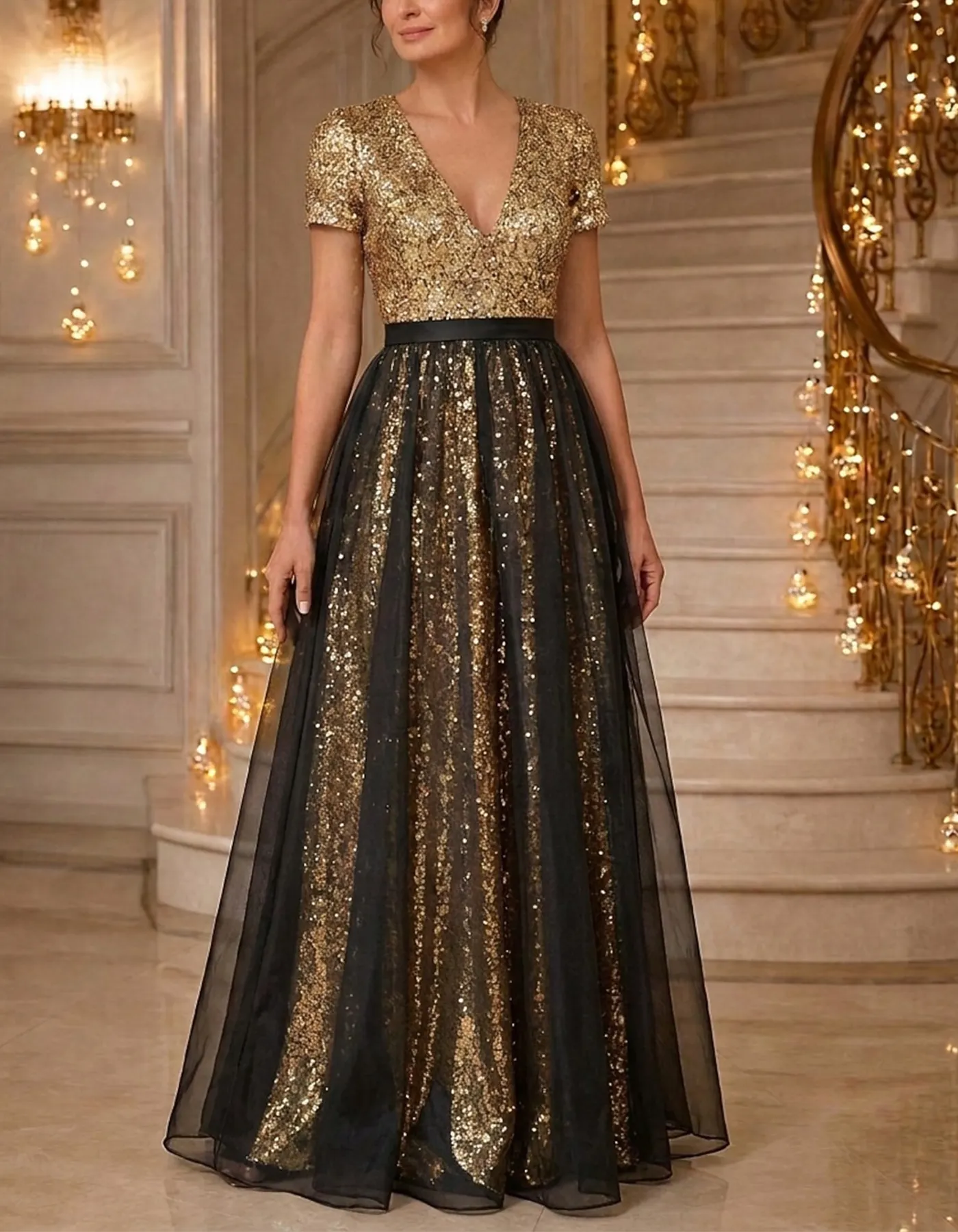 Solid Color Sequined Tulle Maxi Dress