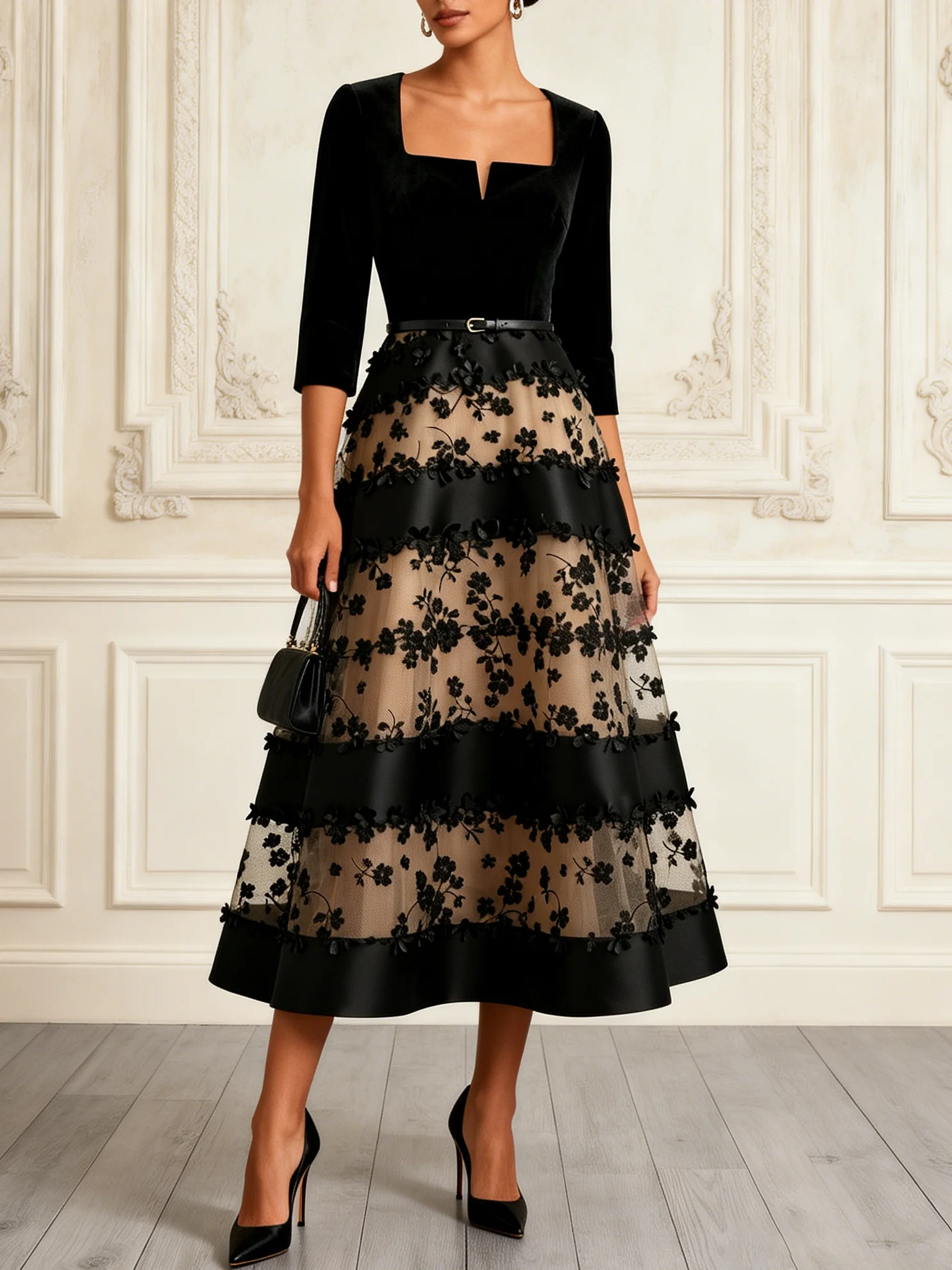 Black Flocked Ruched Velvet Notched Half Sleeve A-Line Midi Dress