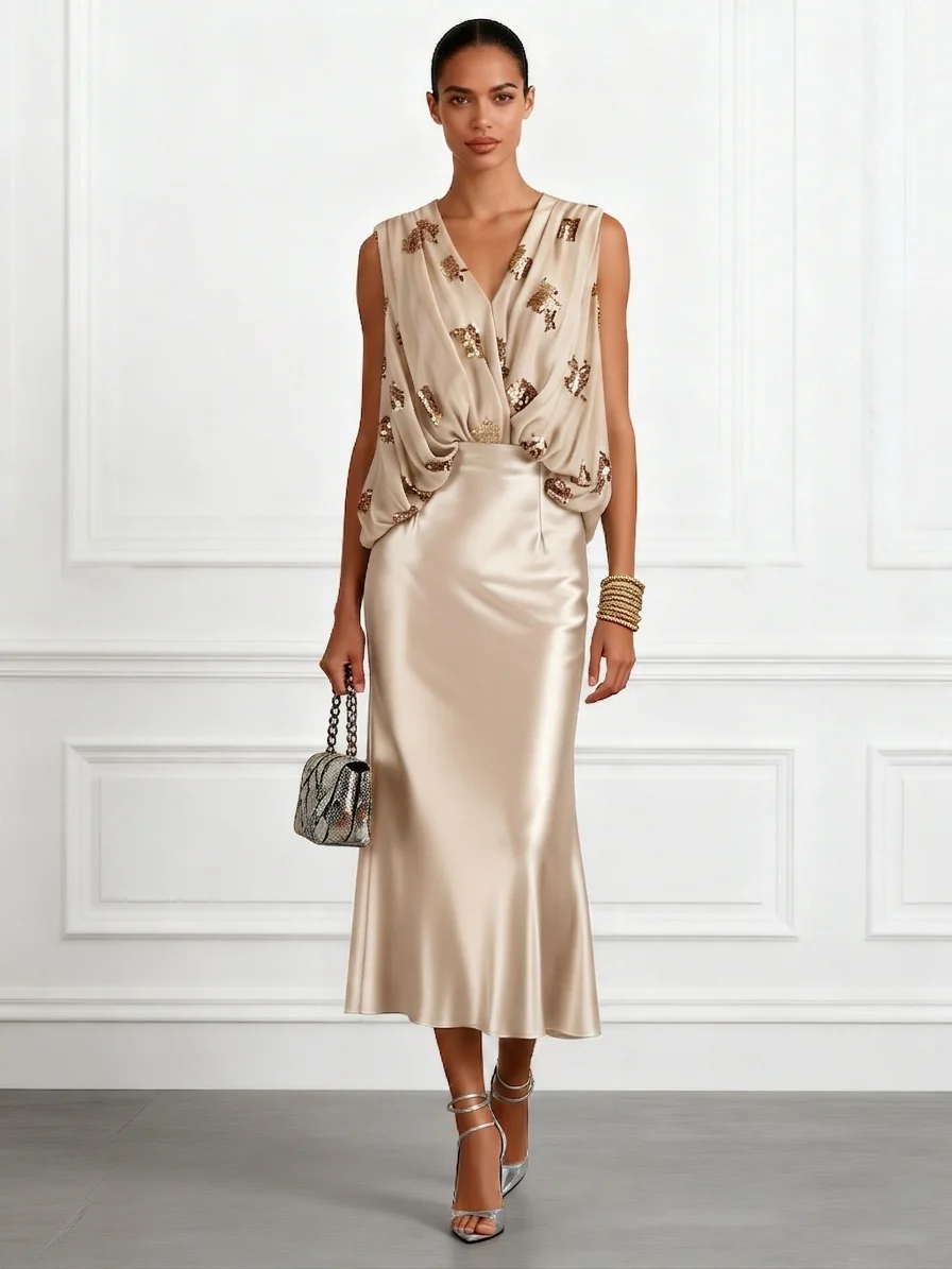 Women Champagne Glitter V Neck Sleeveless Dressy Top With Skirt Two-Piece Set