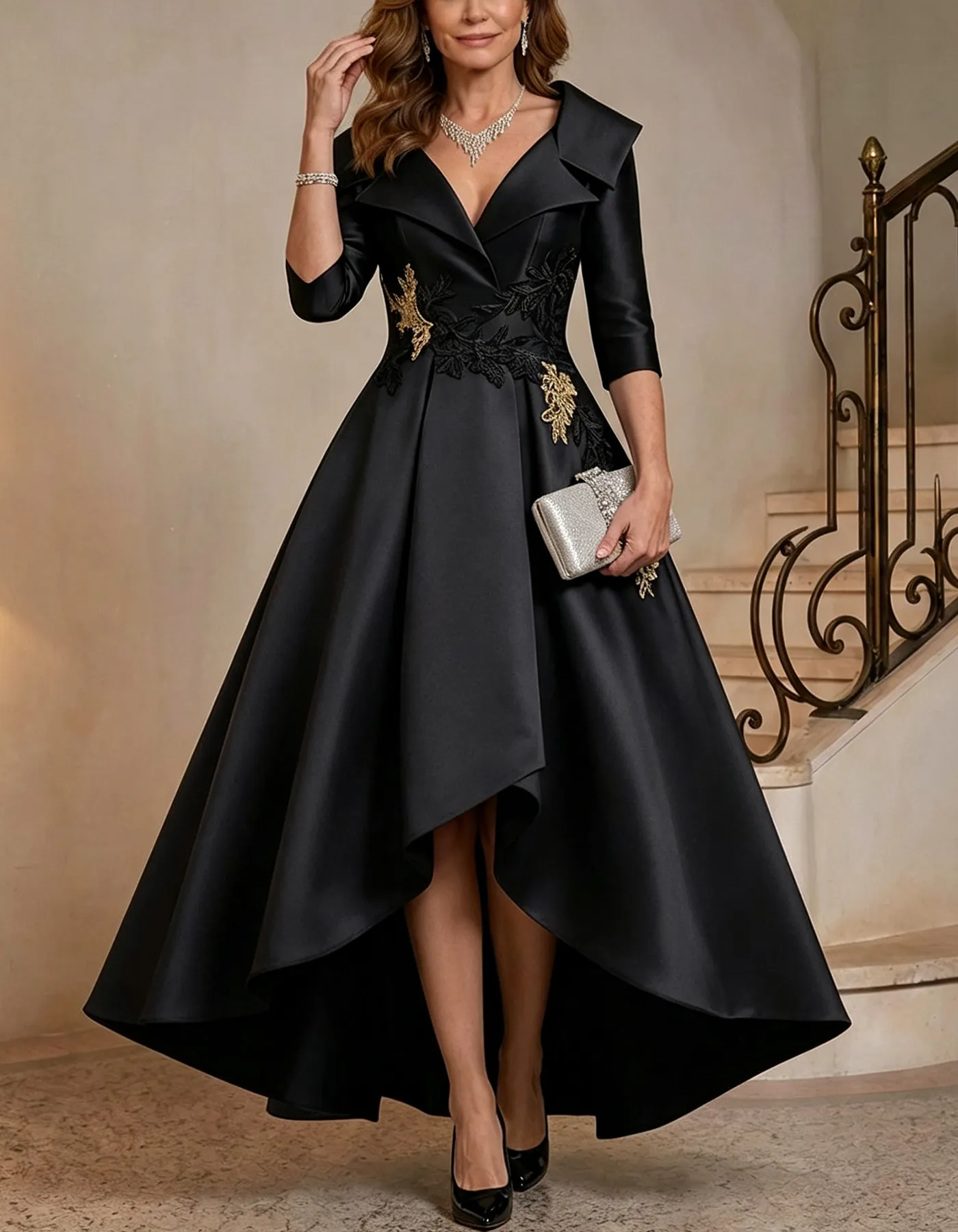 Black Satin V Neck 3/4 Sleeve Lapel High Low Maxi Dress