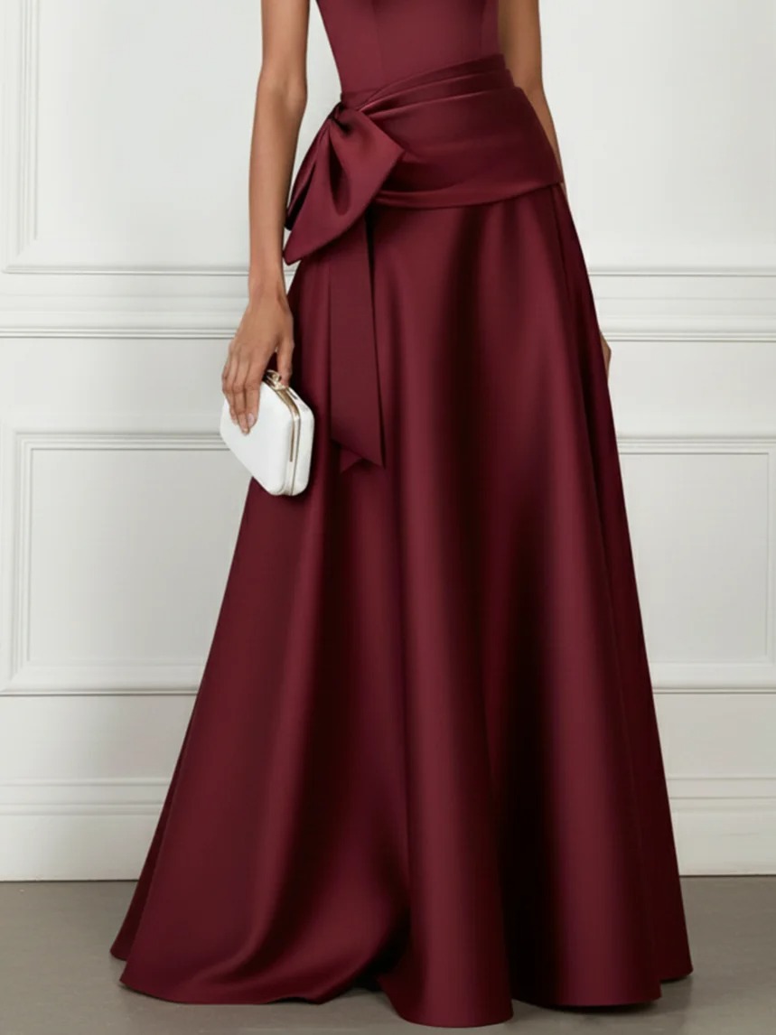 Burgundy Bow Satin Strapless Sleeveless A-Line Gown Dress