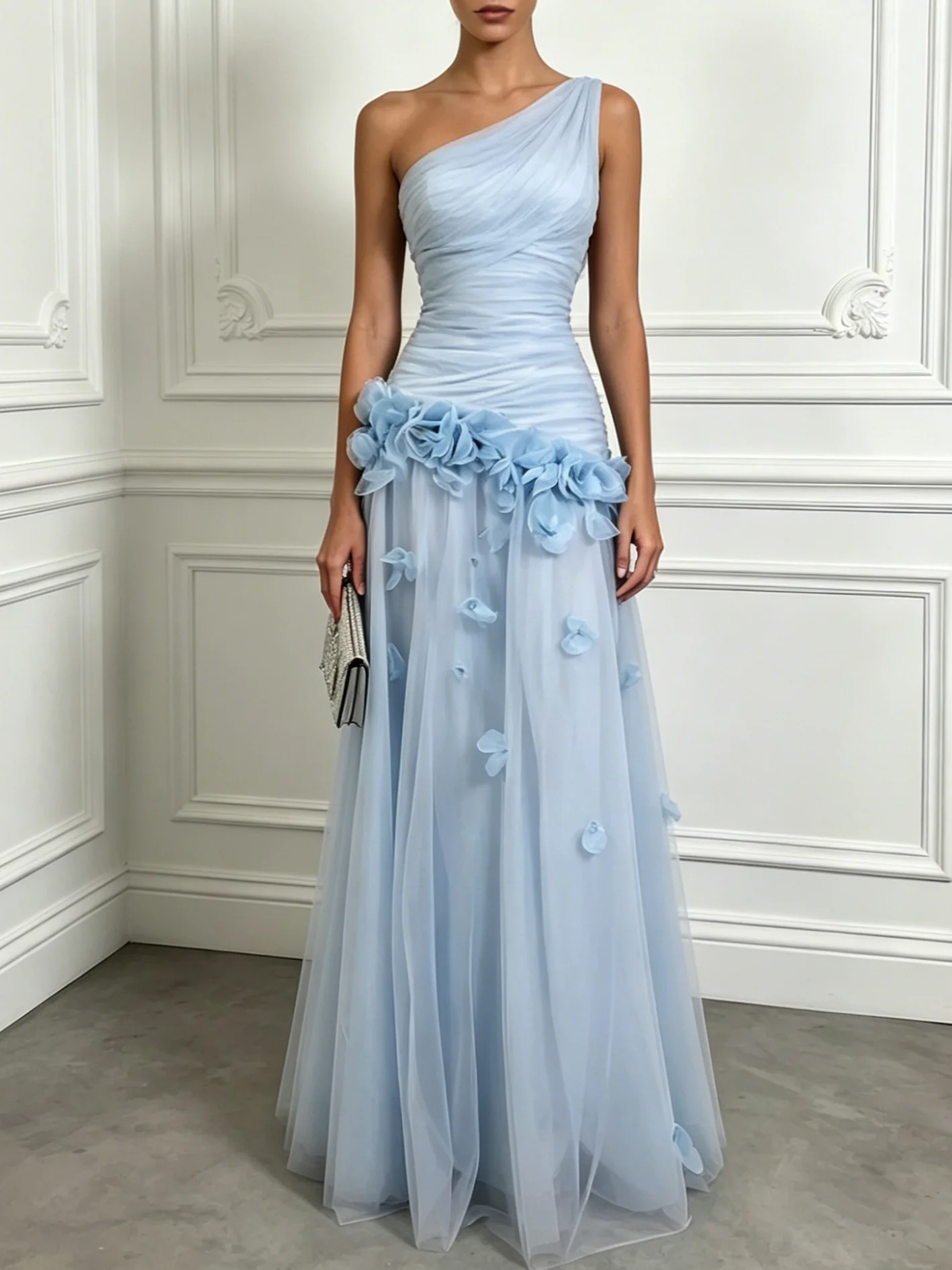 Light Blue 3D Floral Classic One Shoulder Sleeveless A-Line Floor-length Gown Dress