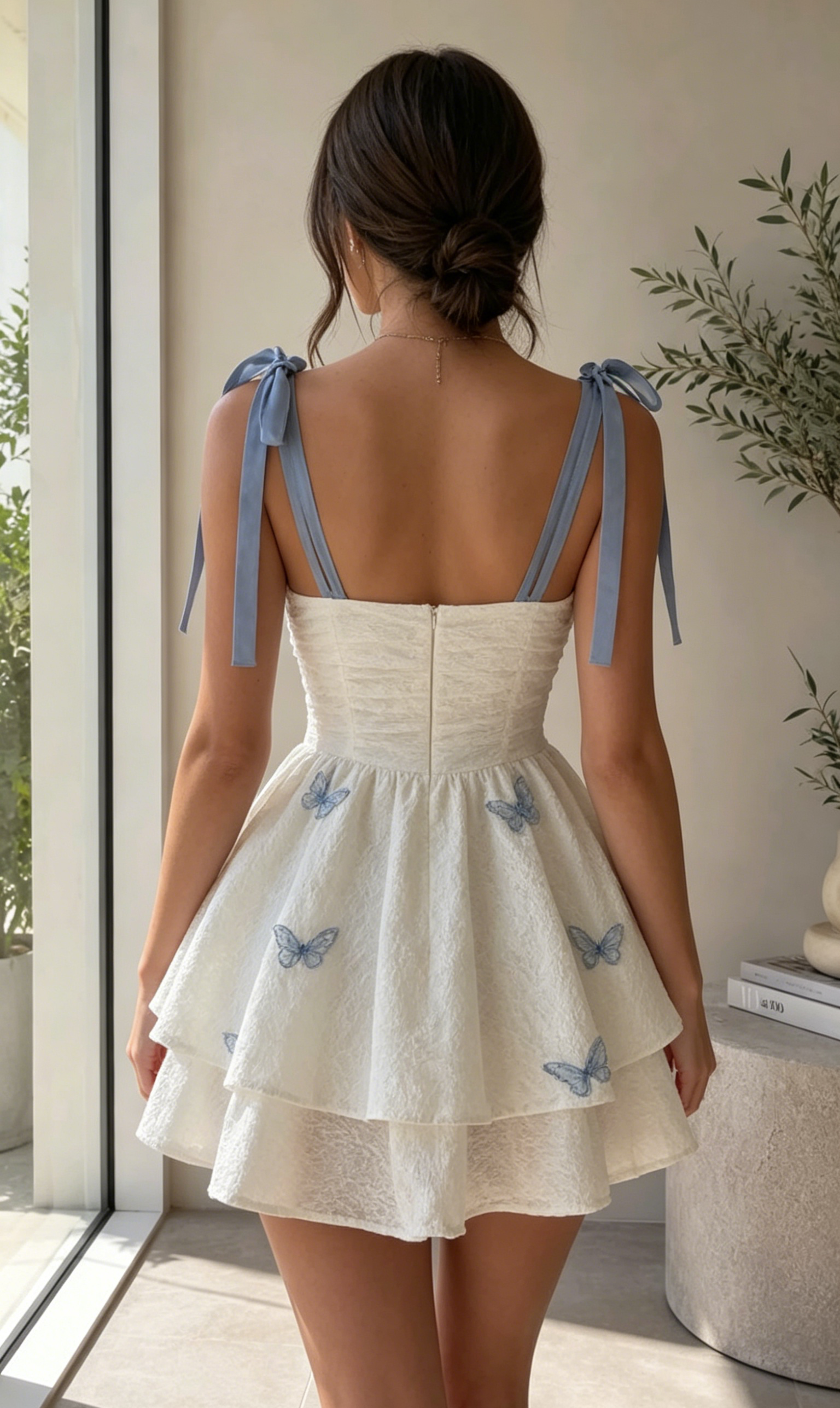 White Butterfly Embroidery Ribbon Tie Strap Dress Double Layer Ruffle Mini Skirt