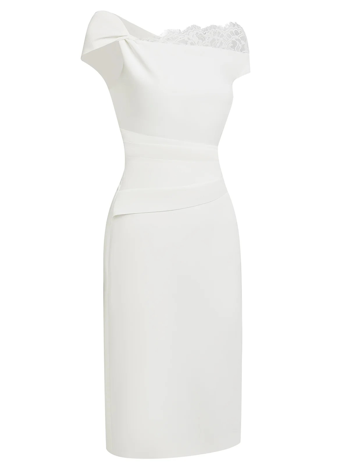 White Lace Split Joint Classic One Shoulder Short Sleeve Sheath Midi Dress