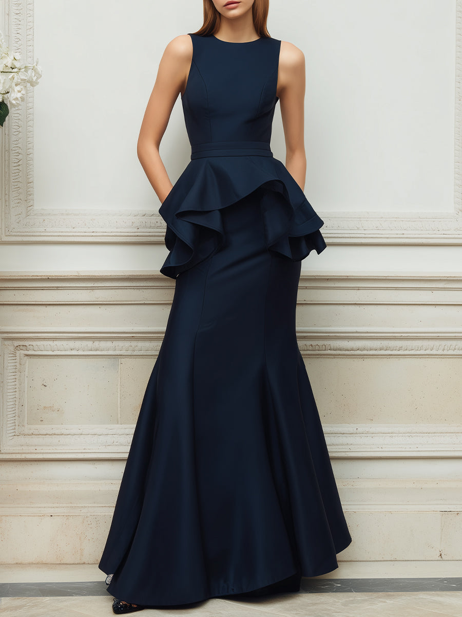 Navy Sleeveless Peplum Mermaid Maxi Dress