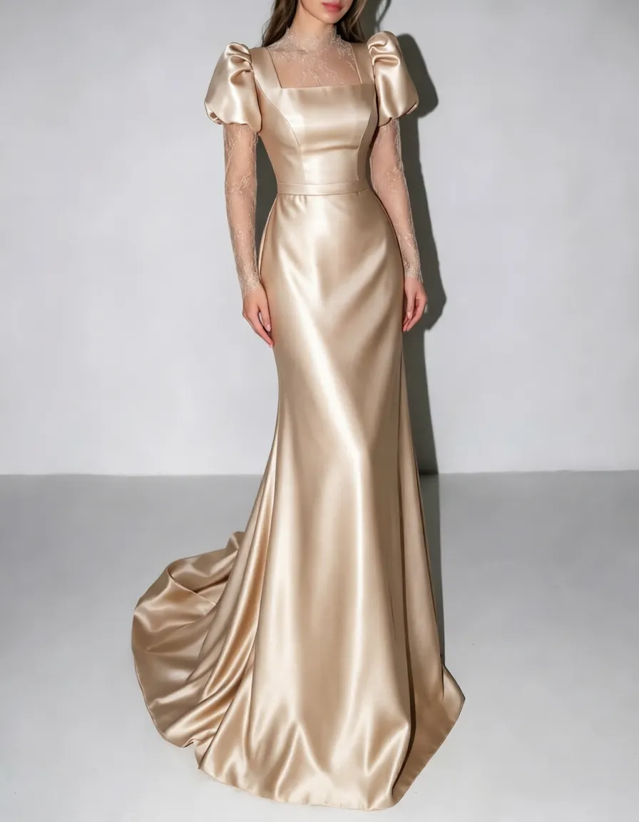 High Neck Lace Long Sleeve Satin Mermaid Evening Maxi Dress