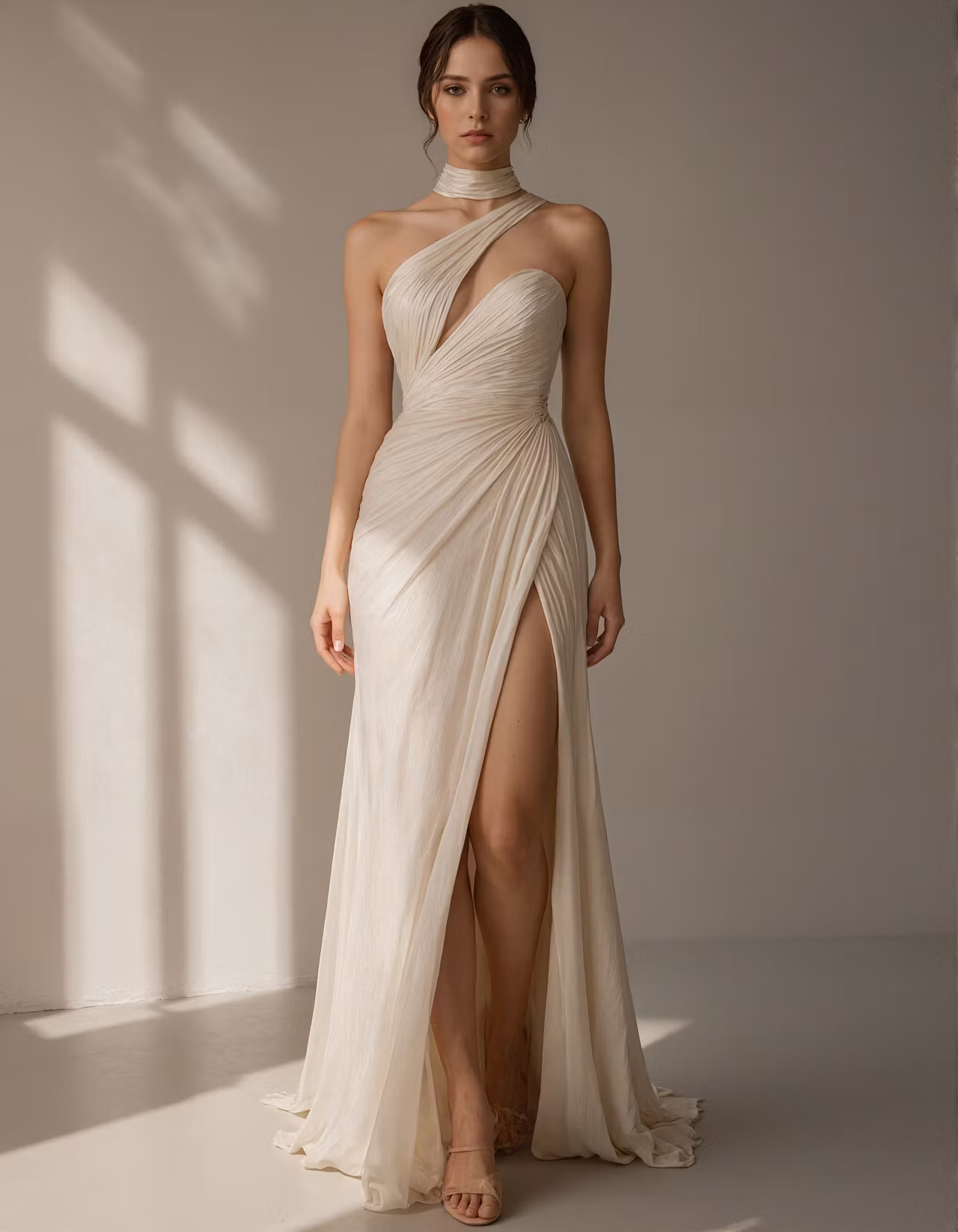 Light Champagne Colored Chiffon Open Back Cutout Maxi Dress