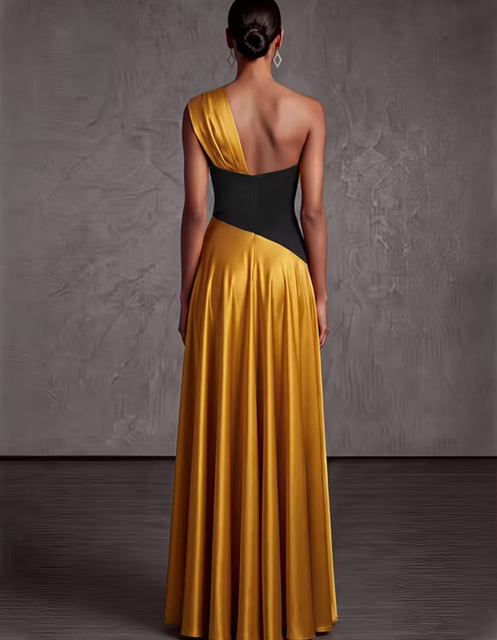 Two Tone One Shoulder Color Block Satin A-Line Maxi Dress