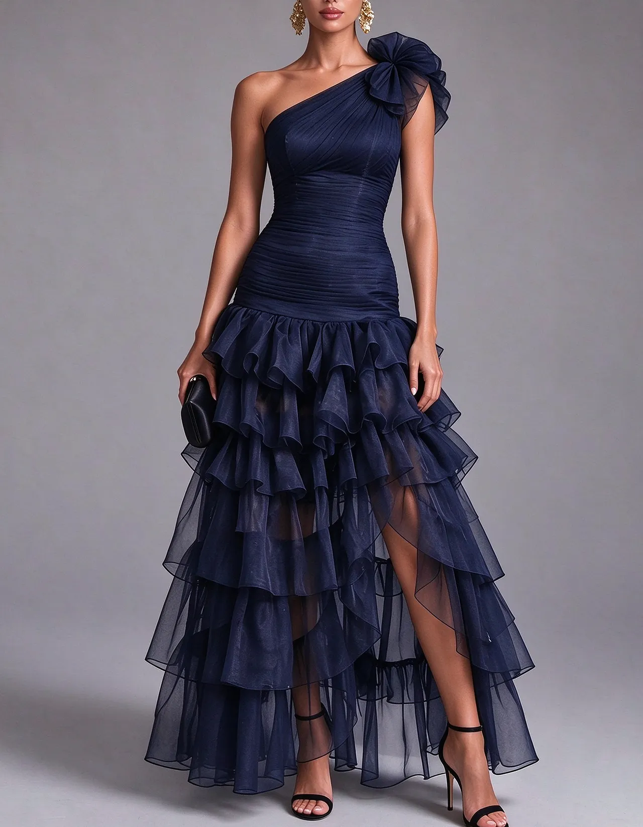 One Shoulder Tulle Ruffled Tiered High Slit Maxi Dress