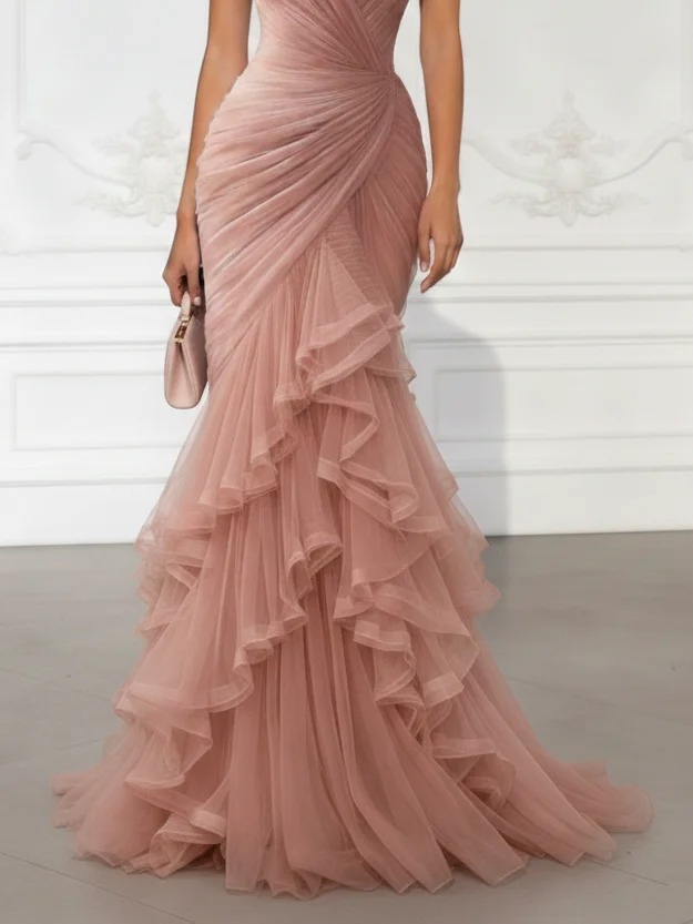 Pink Folds Tulle Strapless Sleeveless Mermaid Gown Dress