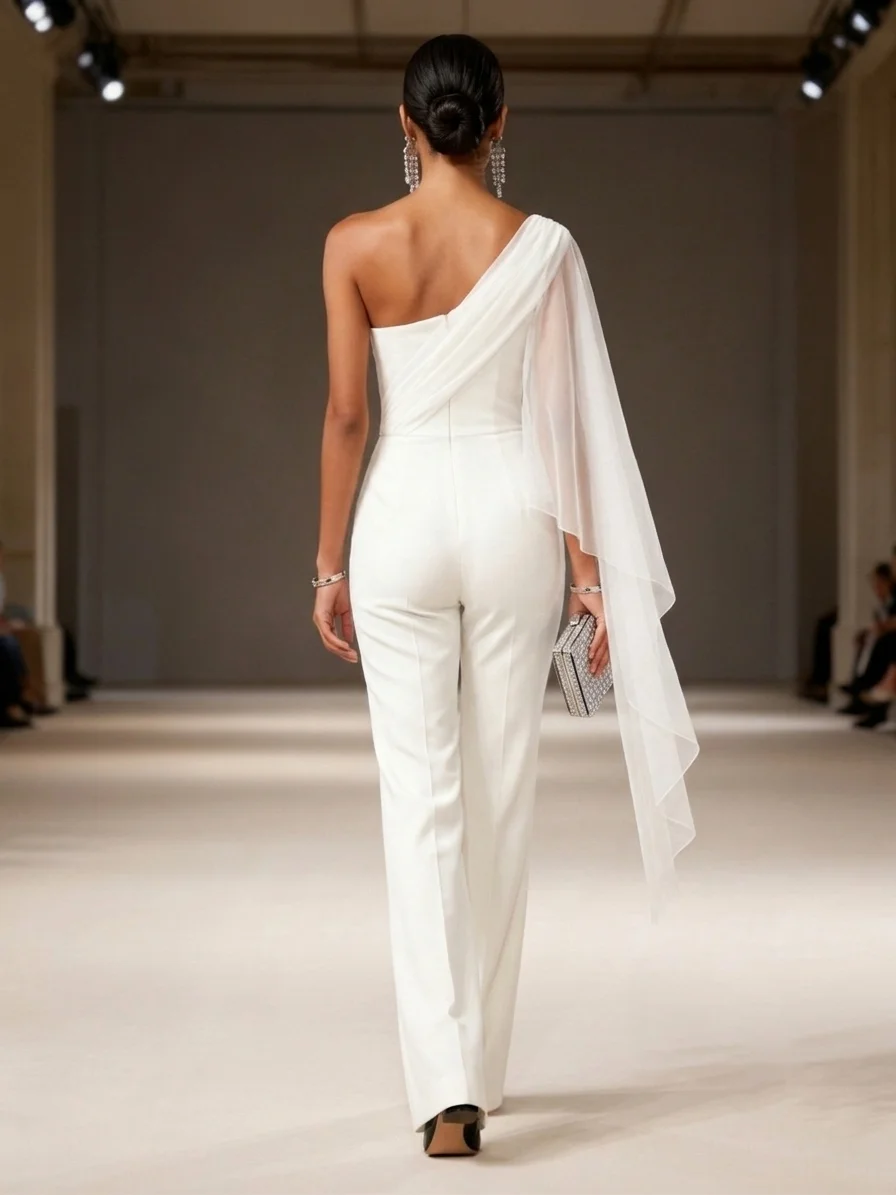 Women White Split Joint One Shoulder Sleeveless Dressy Jumpsuit