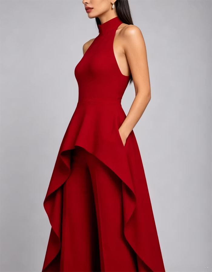 Halter-Neck Pleated Crepe Jumpsuit