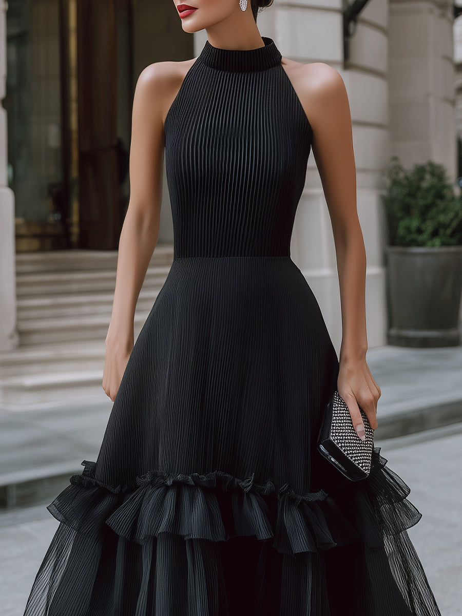 Black Alter Neck Pleated Midi Dress With Tiered Ruffle Hem