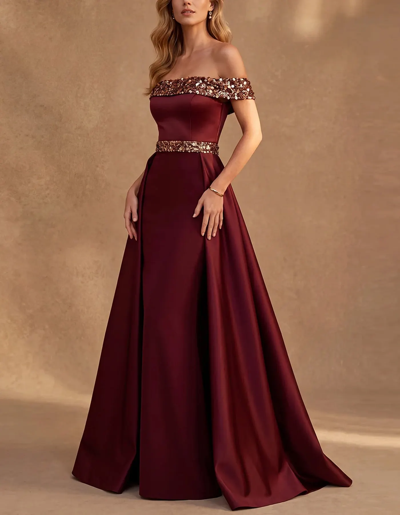 Burgundy Off The Shoulder Satin Maxi Dress
