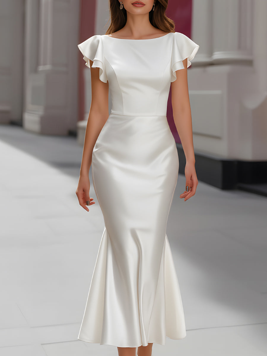 White Satin Flutter-Sleeve Mermaid Dress