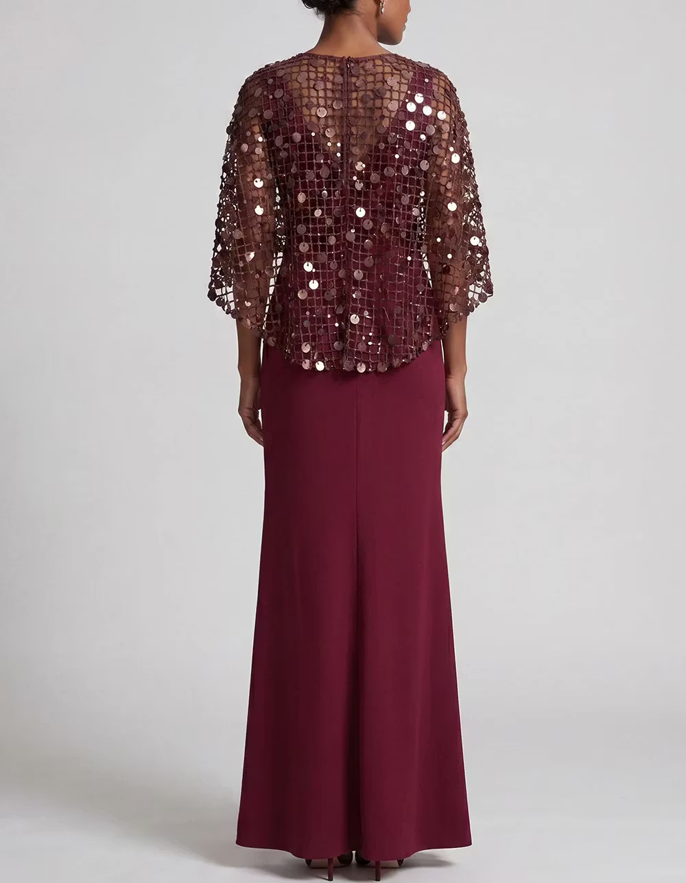 Round Neck Mesh Sequin Cape Crepe Slit Evening Maxi Dress