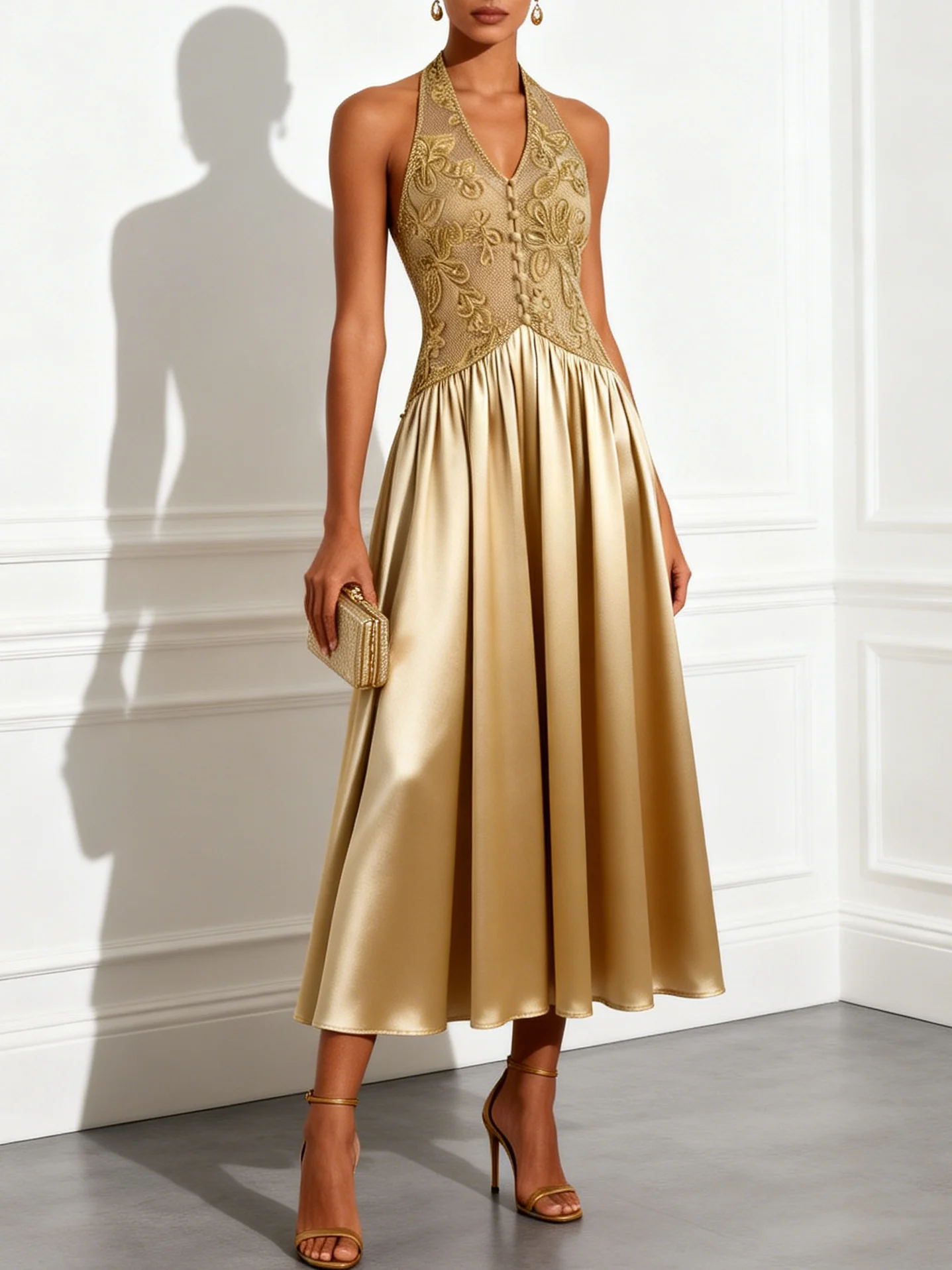 Golden Satin Halter Sleeveless A-Line Midi Dress