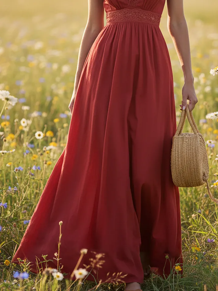 Maxi Linen Dress, Sleeveless, V Neck, Lace, Vacation, Vintage, Red
