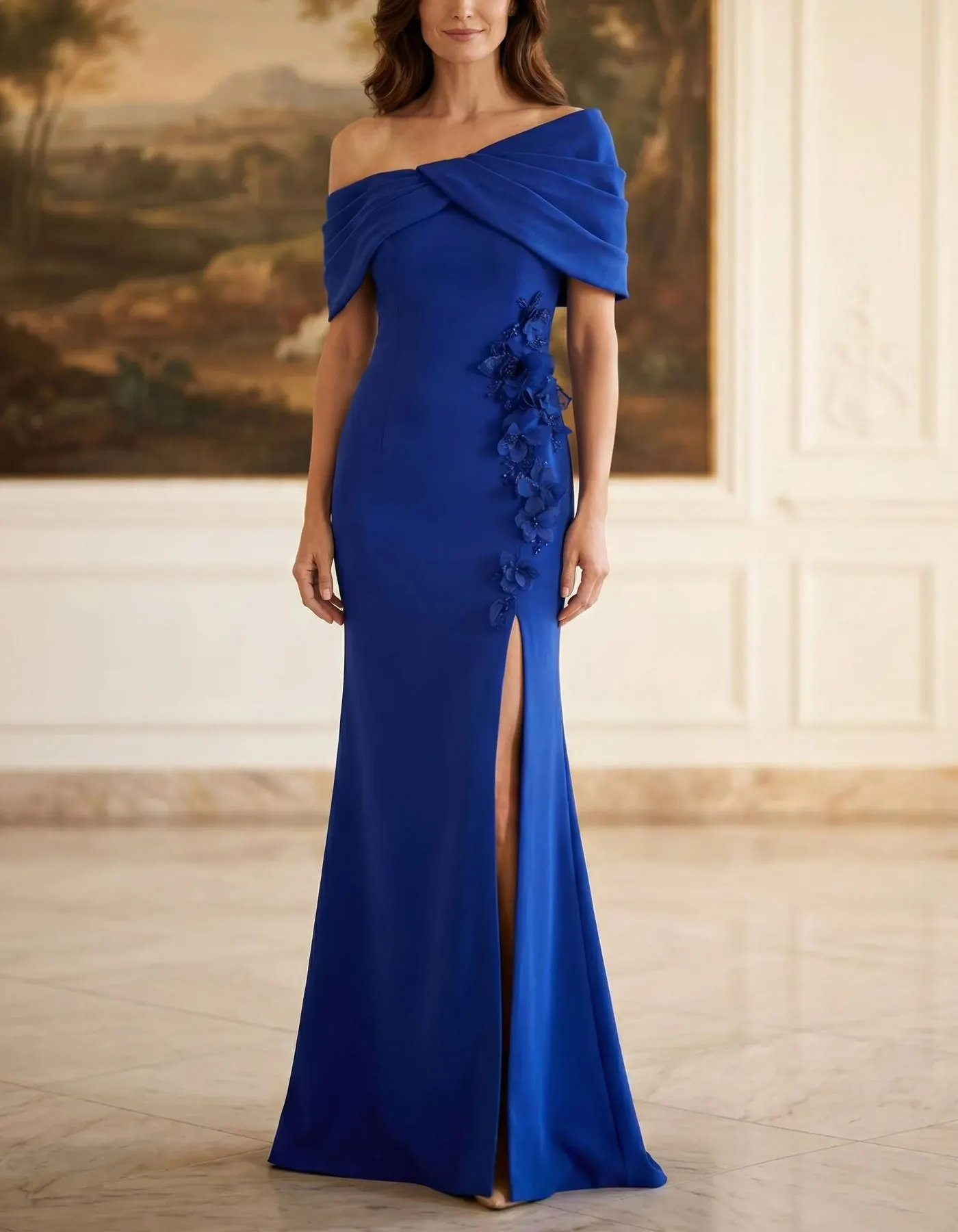 Solid Color Off Shoulder Pleated Fishtail Maxi Dress