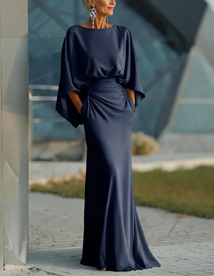 Solid Color Satin Round Neck Maxi Dress