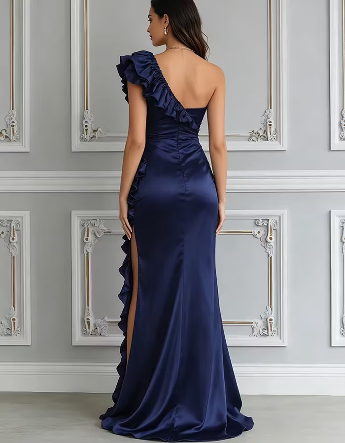 Navy Blue One Shoulder Floral Ruffle High Slit Satin Maxi Dress