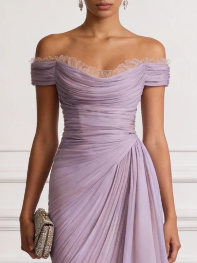 Lavender Ruched Lace Chiffon Off The Shoulder Short Sleeve A-Line Midi Dress