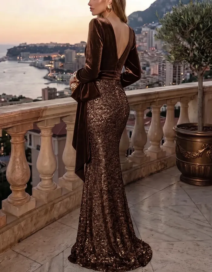 V‑Neck Wrap Long Sleeve Velvet Tie Waist Sequin Maxi Dress