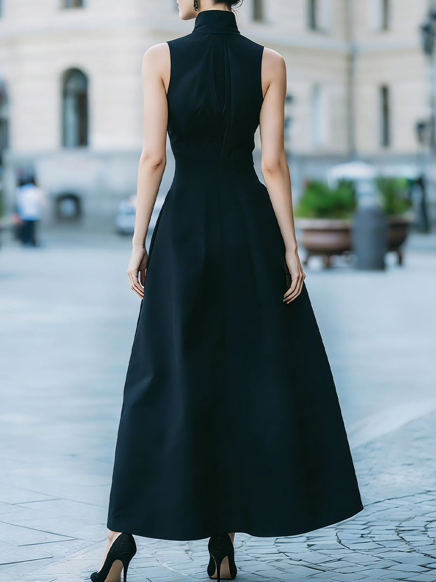 Elegant Black High-Neck Sleeveless Asymmetrical Midi Dress