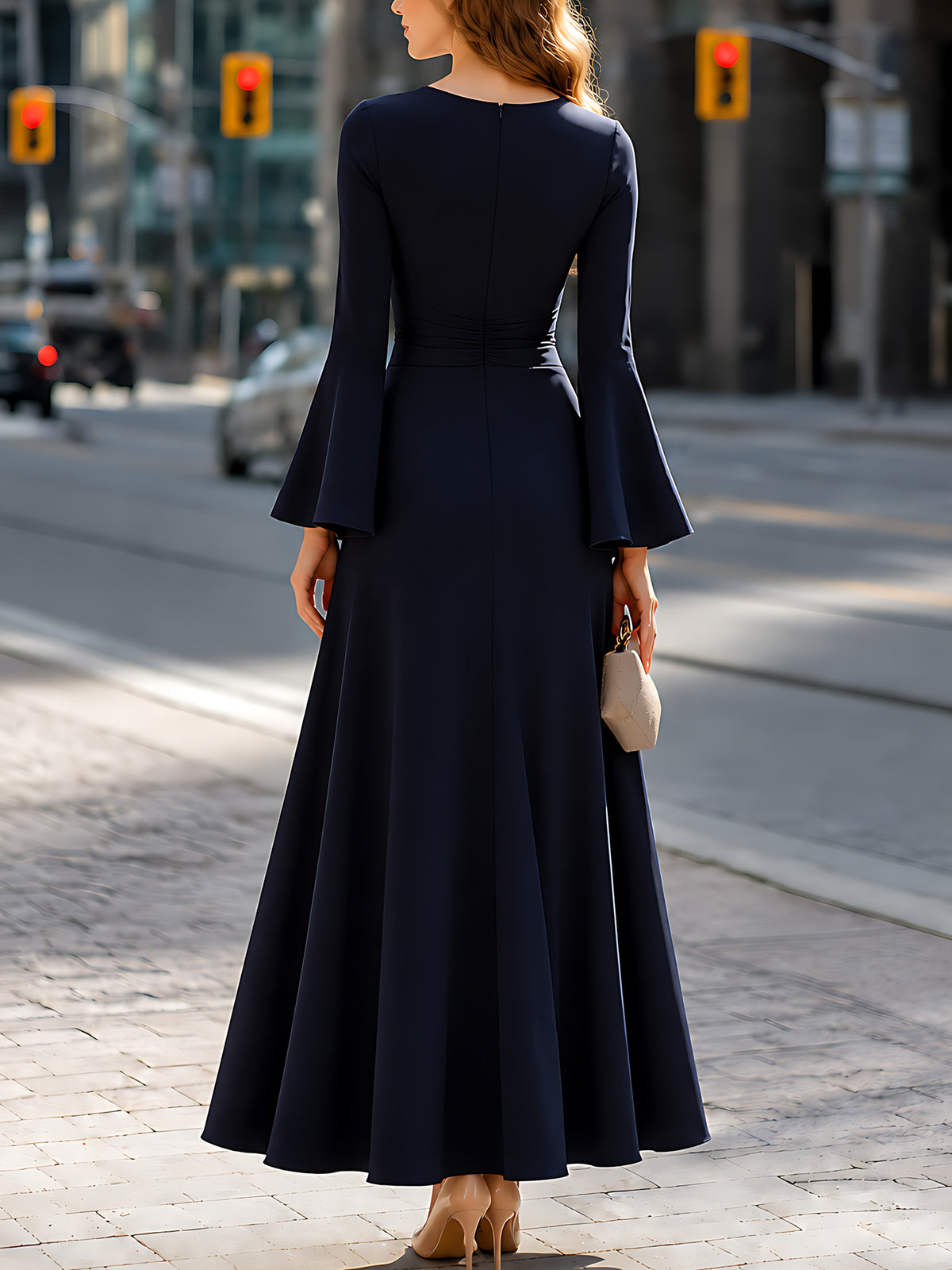 Floral Pleated Slit Bell-Sleeve Maxi Dress