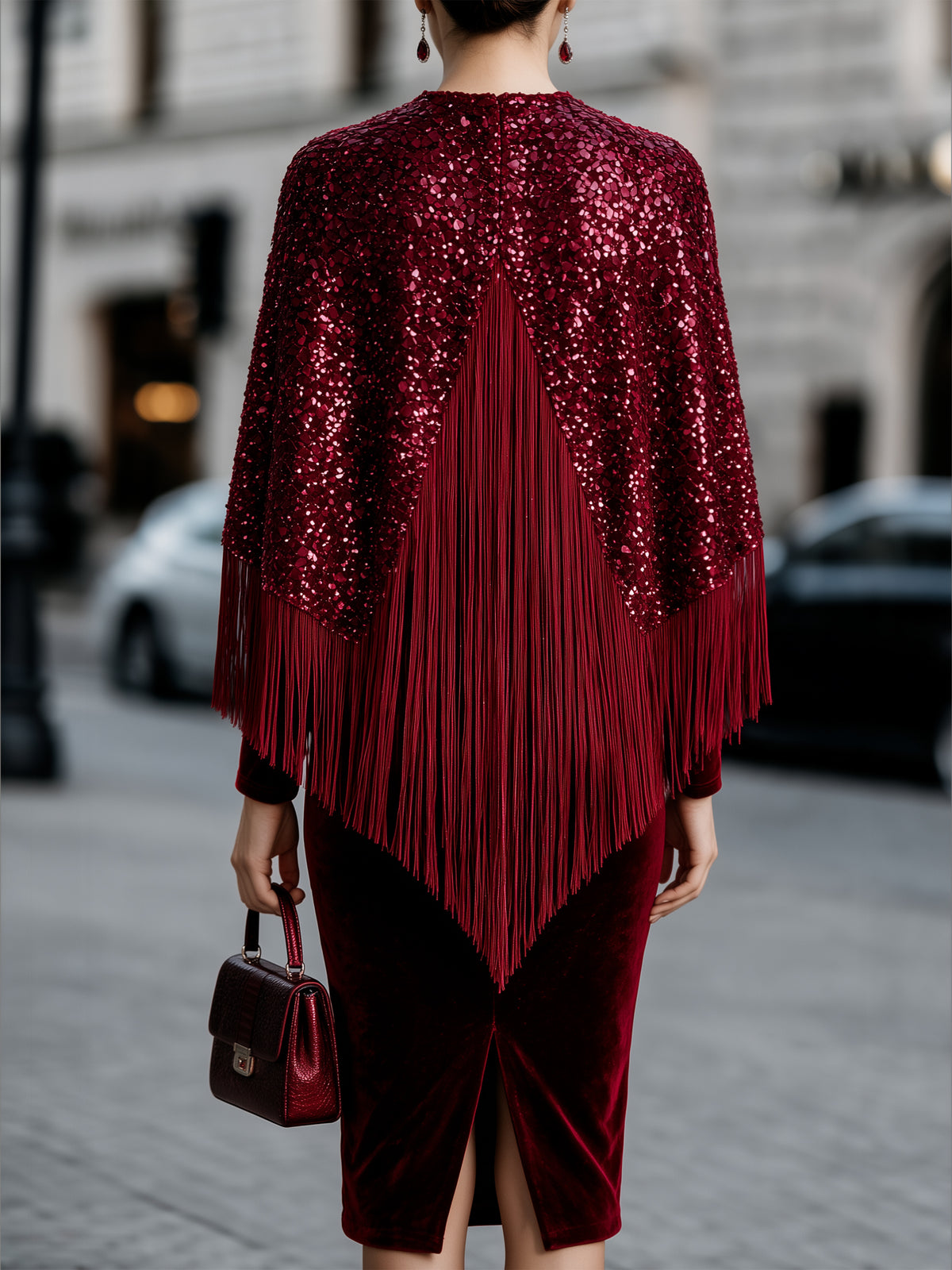 Elegant Wine Red Velvet Wrap Dress with Sequin Fringe Cape