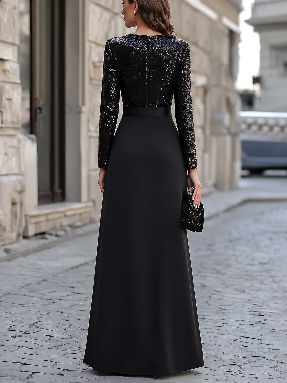 Sequin Spliced Ruched Maxi Gown