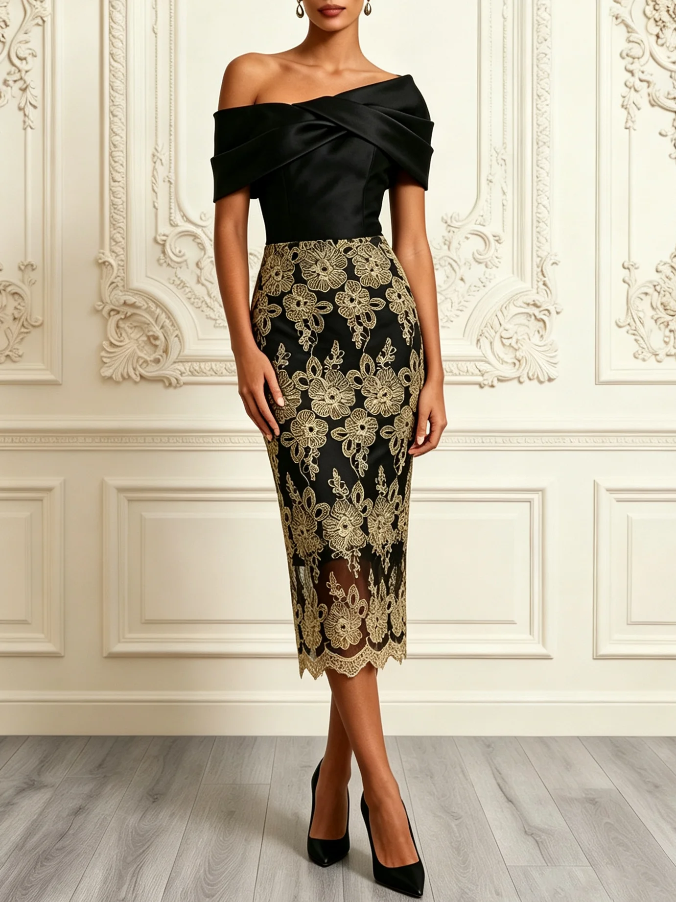 Black Bow Ruched Lace Off The Shoulder Short Sleeve Sheath Midi Dress