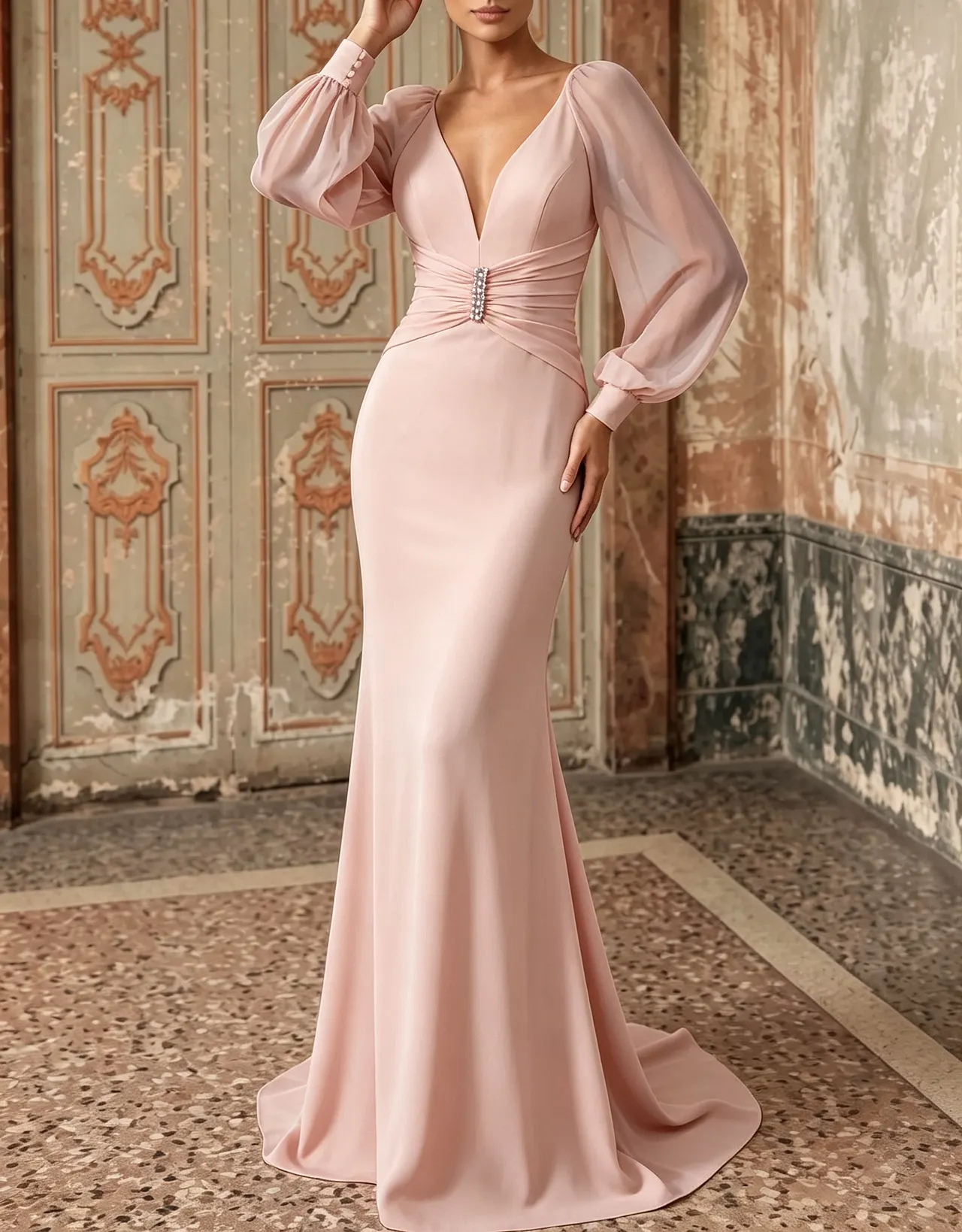 Deep V Neck Chiffon Long Puff Sleeve Waist Mermaid Evening Maxi Dress