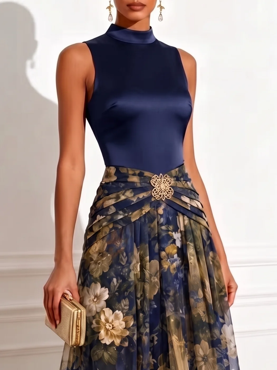 Deep Blue Floral Chiffon Mock Neck Sleeveless A-Line Maxi Dress