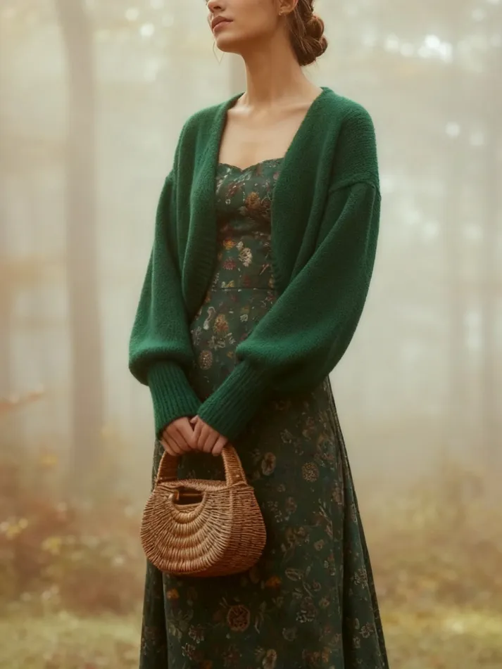 Midi Linen Dress, Long Sleeves, Square Neck, Paisley, Vintage, Green