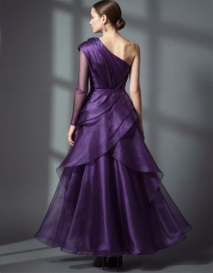 Purple One Shoulder Asymmetrical Tulle Long Sleeve Maxi Dress