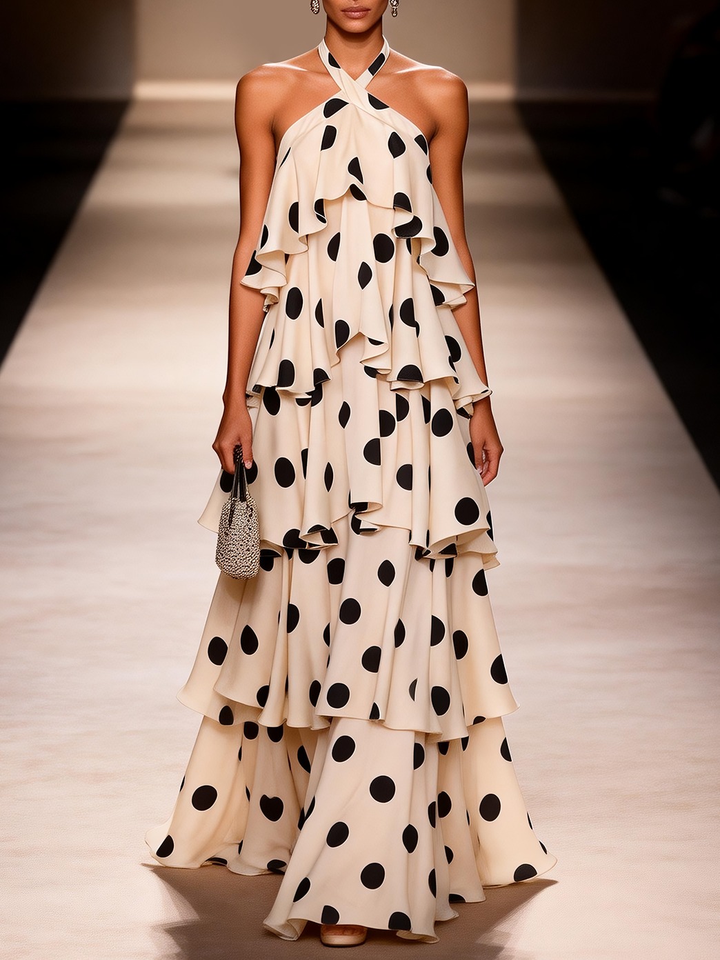 Apricot Bow Chiffon Halter Sleeveless A-Line Maxi Dress