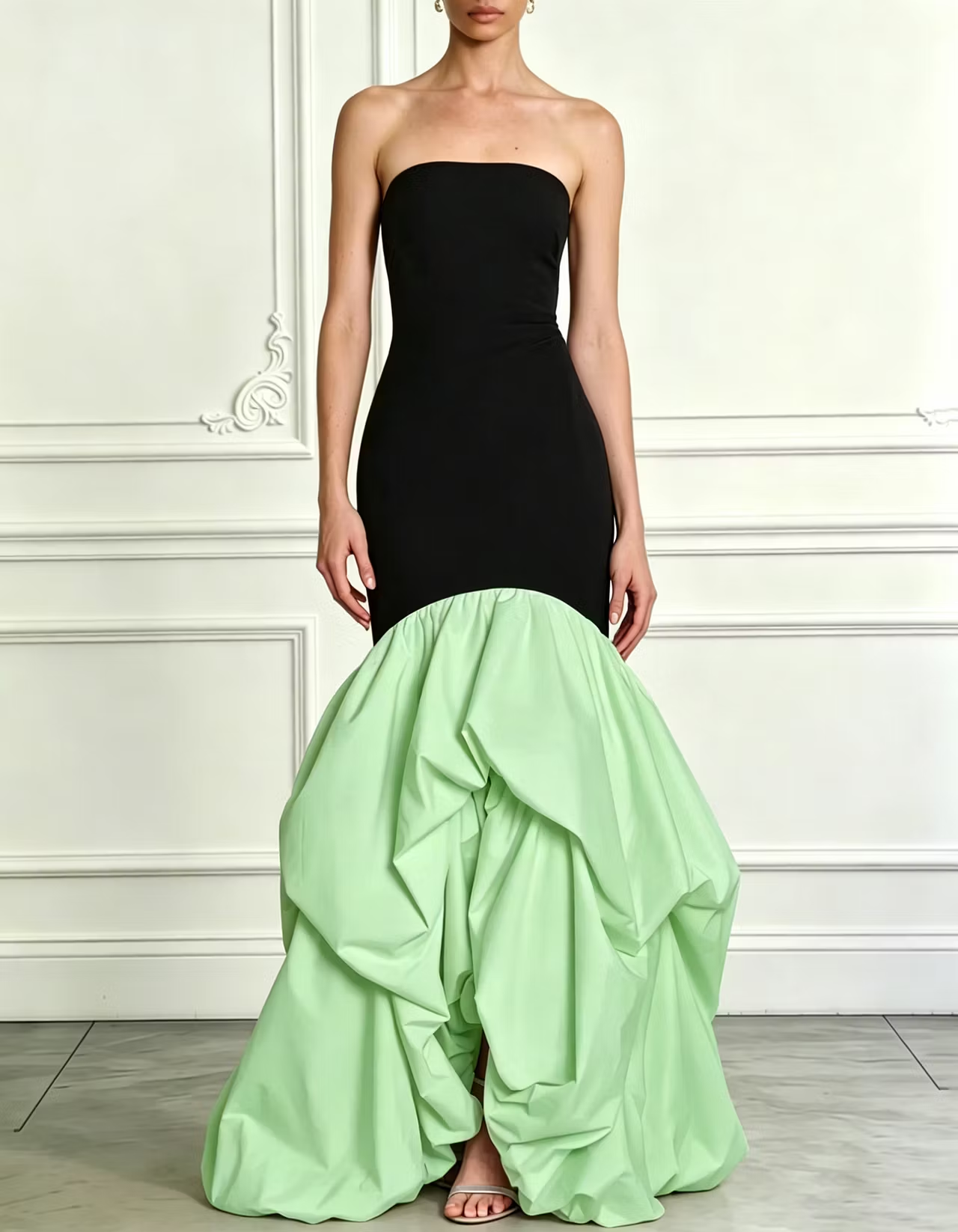 Strapless Two-Tone Stretch Blend Ruffle Mermaid Maxi Formal Dress